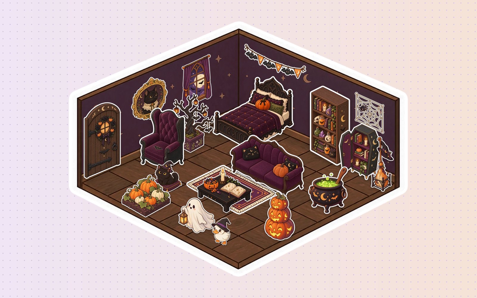 A Glint room decorated for Halloween with a bubbling cauldron, a potion shelf, a black cat and a little ghost
