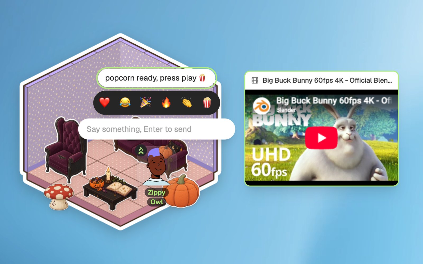 A Glint room decorated for a Halloween movie night, with a YouTube video ready in the player, a chat bubble over the avatar and a row of quick reactions